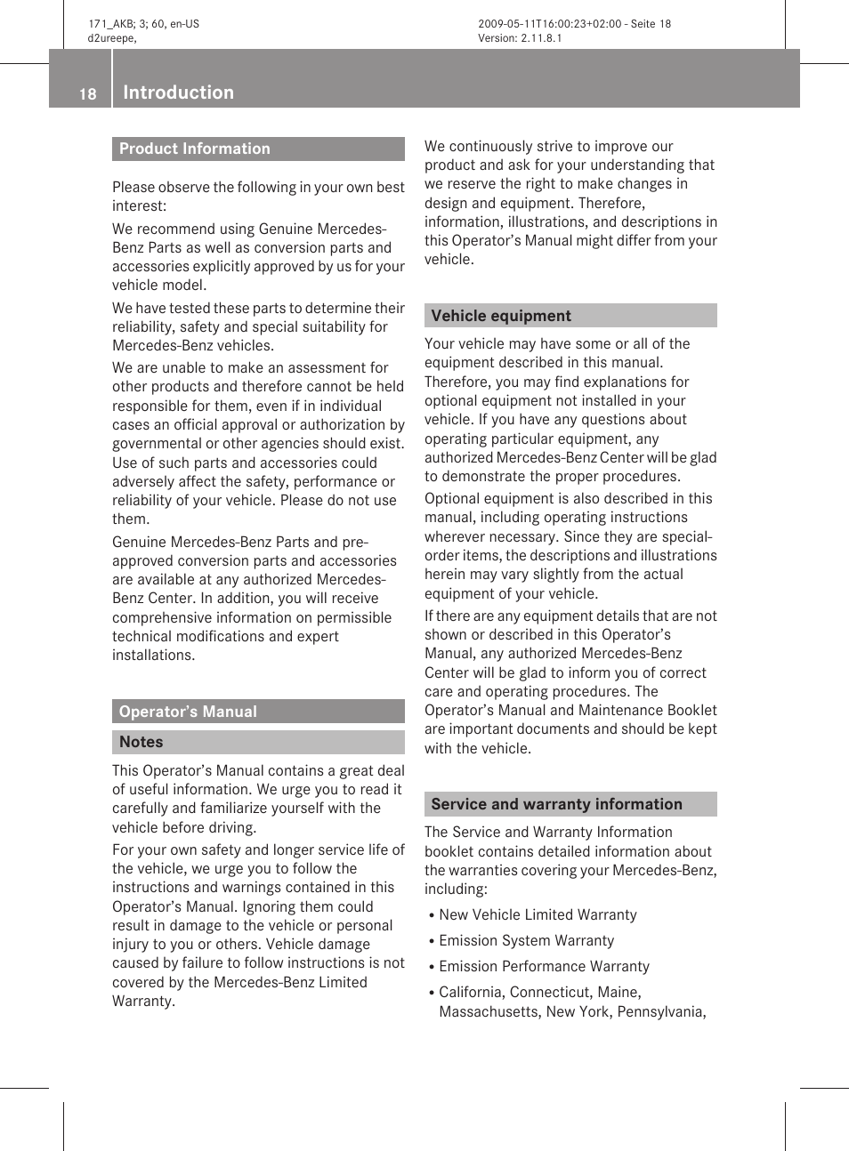 Introduction, Product information, Operator’s manual | Notes, Vehicle equipment, Service and warranty information | Mercedes-Benz SLK-Class 2011 Owners Manual User Manual | Page 20 / 312