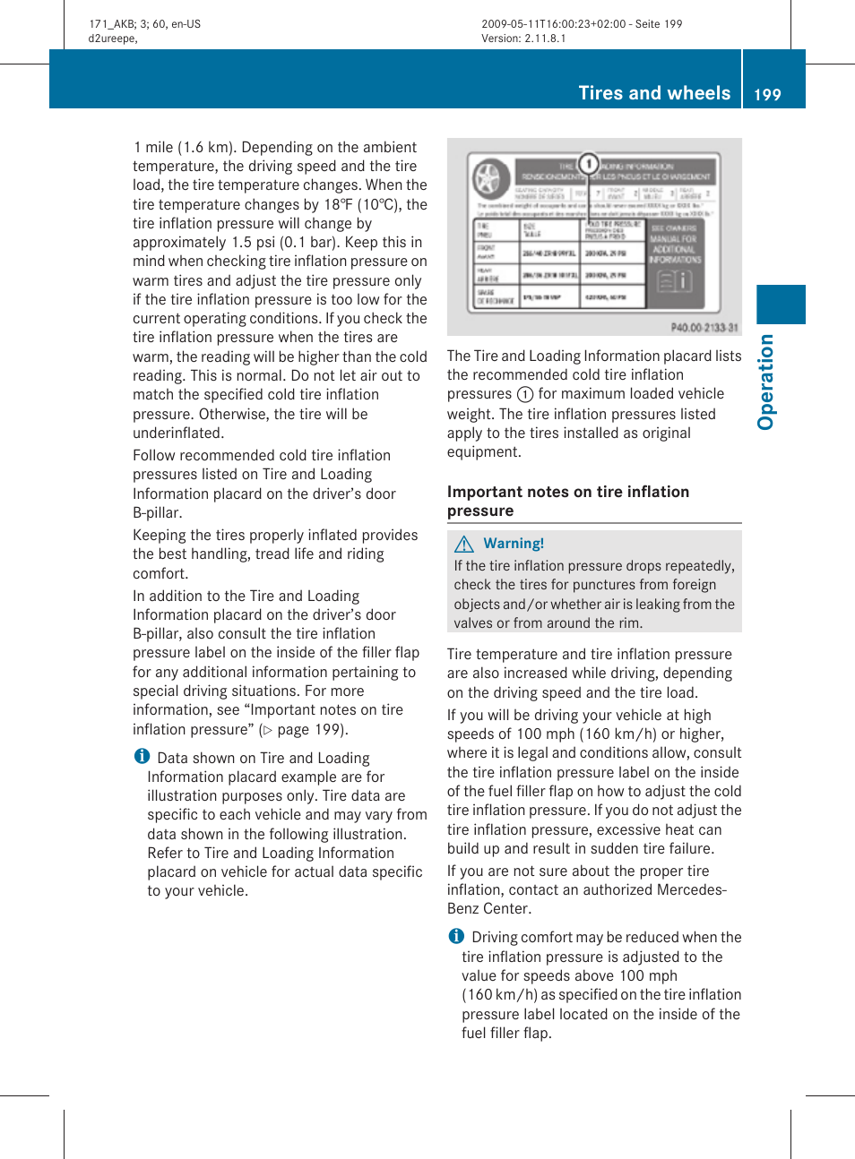 Operation, Tires and wheels | Mercedes-Benz SLK-Class 2011 Owners Manual User Manual | Page 201 / 312