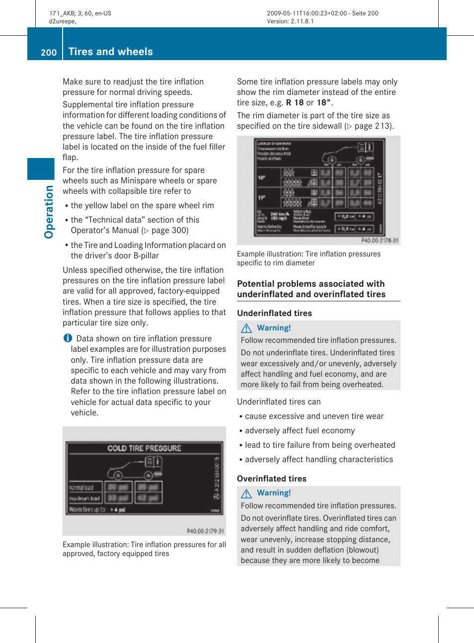 Operation, Tires and wheels | Mercedes-Benz SLK-Class 2011 Owners Manual User Manual | Page 202 / 312