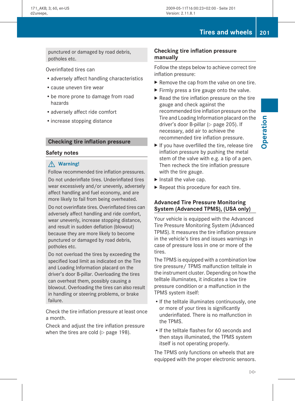 Checking tire inflation pressure, Advanced tpms, Tire inflation pressure | Operation, Tires and wheels | Mercedes-Benz SLK-Class 2011 Owners Manual User Manual | Page 203 / 312