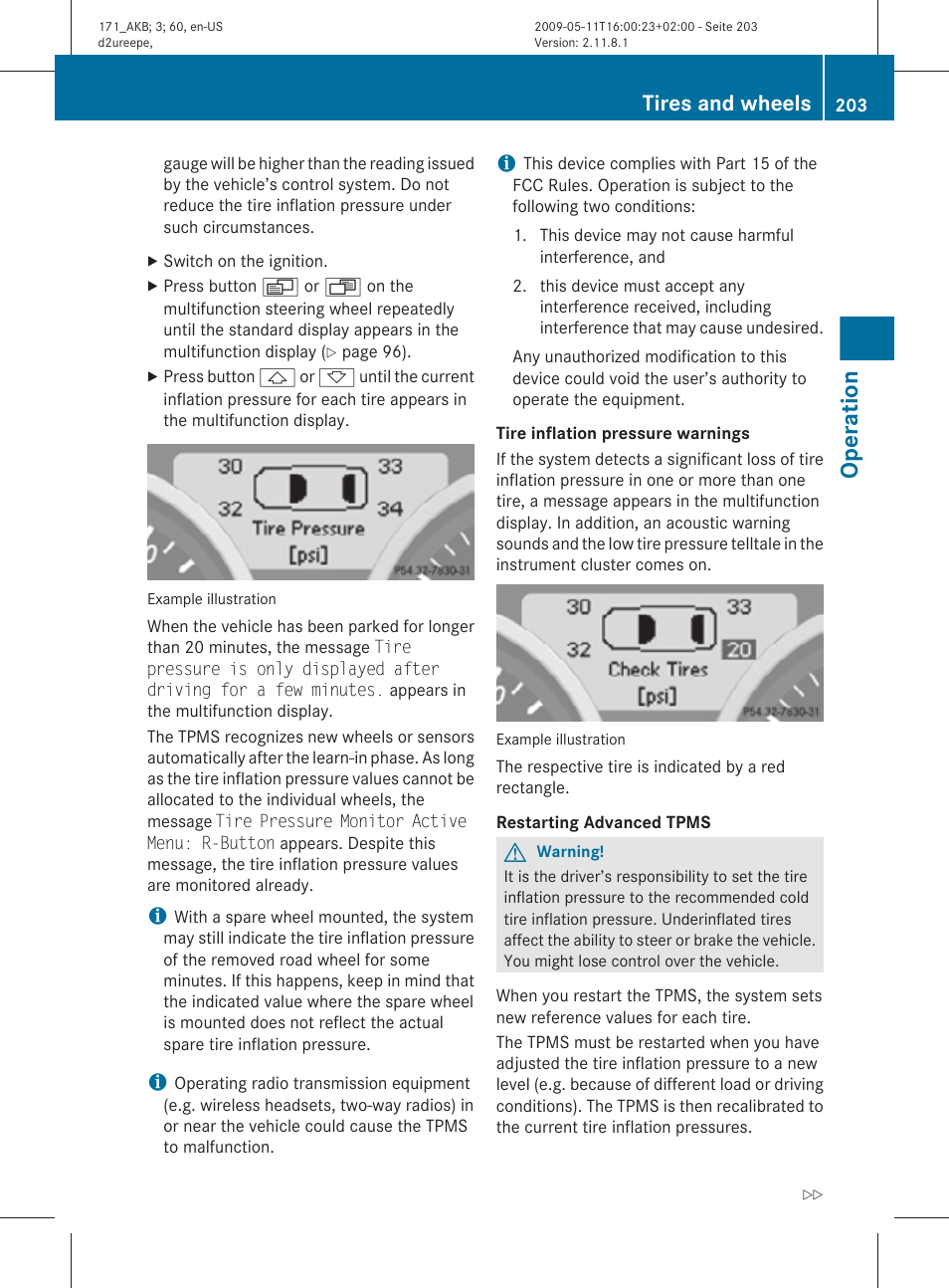 Operation, Tires and wheels | Mercedes-Benz SLK-Class 2011 Owners Manual User Manual | Page 205 / 312