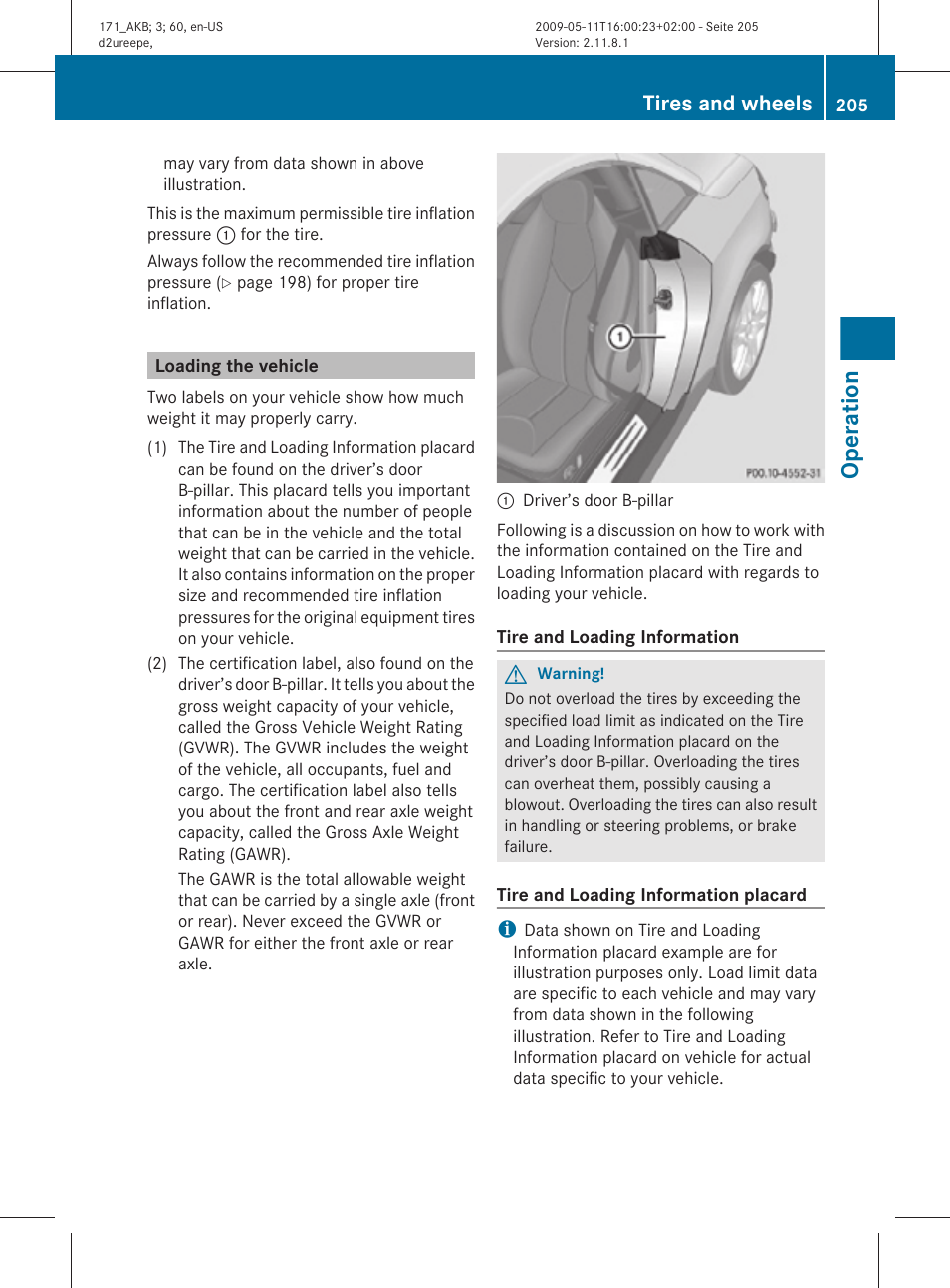 Loading the vehicle, Operation, Tires and wheels | Mercedes-Benz SLK-Class 2011 Owners Manual User Manual | Page 207 / 312