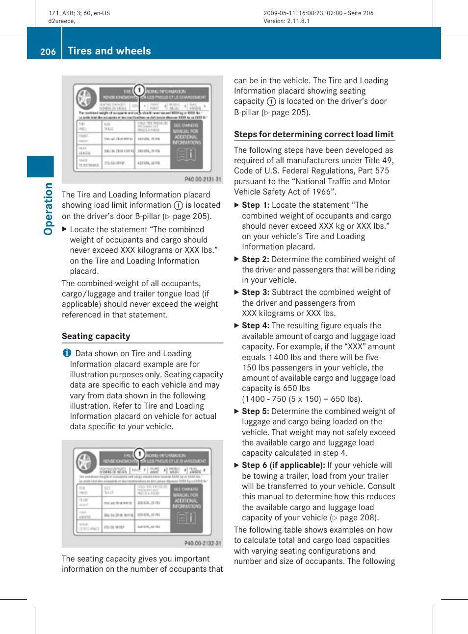 Operation, Tires and wheels | Mercedes-Benz SLK-Class 2011 Owners Manual User Manual | Page 208 / 312