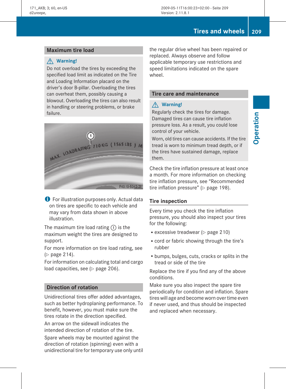 Maximum tire load, Direction of rotation, Tire care and maintenance | Operation, Tires and wheels | Mercedes-Benz SLK-Class 2011 Owners Manual User Manual | Page 211 / 312