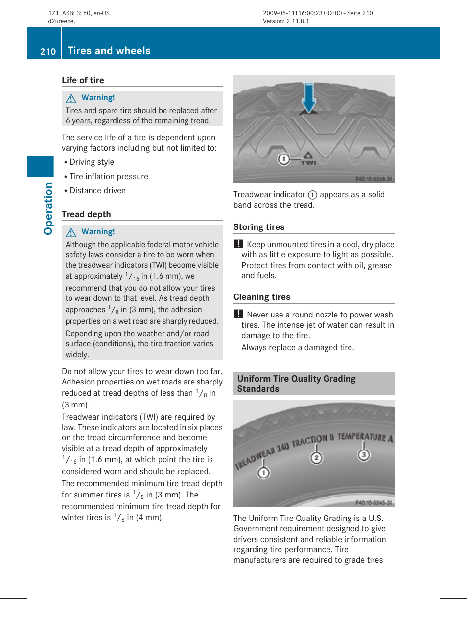 Uniform tire quality grading standards, Excessive treadwear, Operation | Tires and wheels | Mercedes-Benz SLK-Class 2011 Owners Manual User Manual | Page 212 / 312