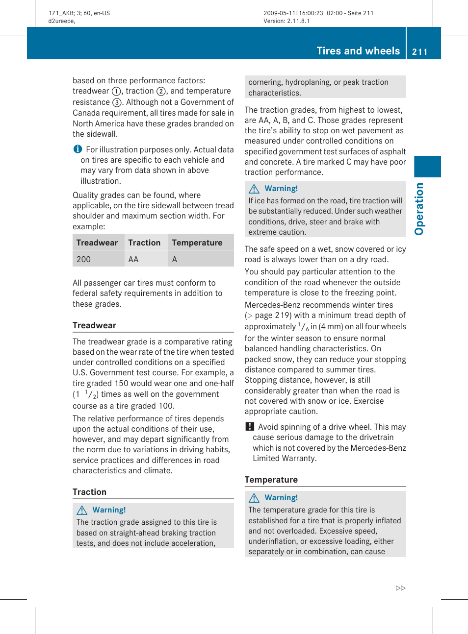 Operation, Tires and wheels | Mercedes-Benz SLK-Class 2011 Owners Manual User Manual | Page 213 / 312