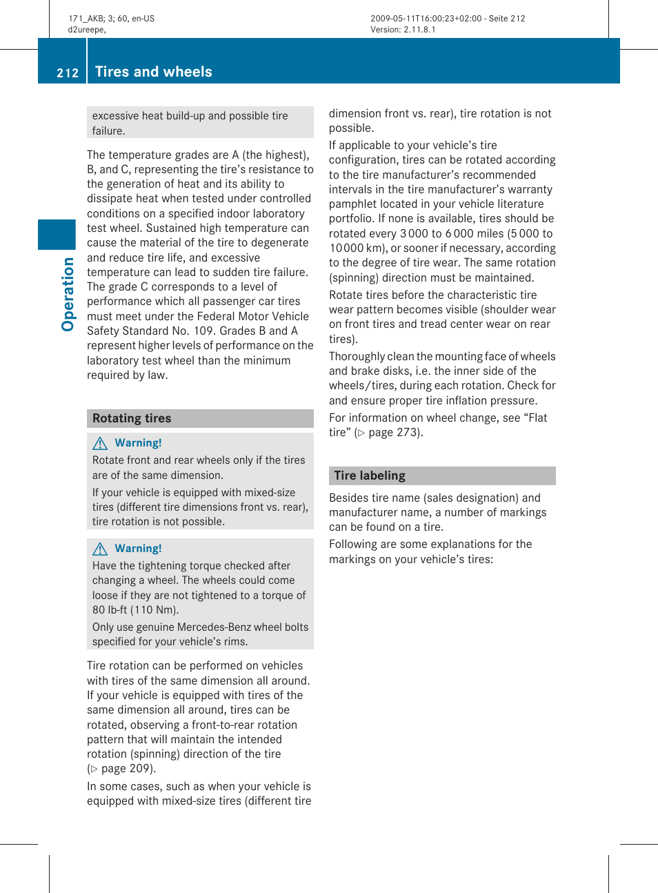 Rotating tires, Tire labeling, Operation | Tires and wheels | Mercedes-Benz SLK-Class 2011 Owners Manual User Manual | Page 214 / 312