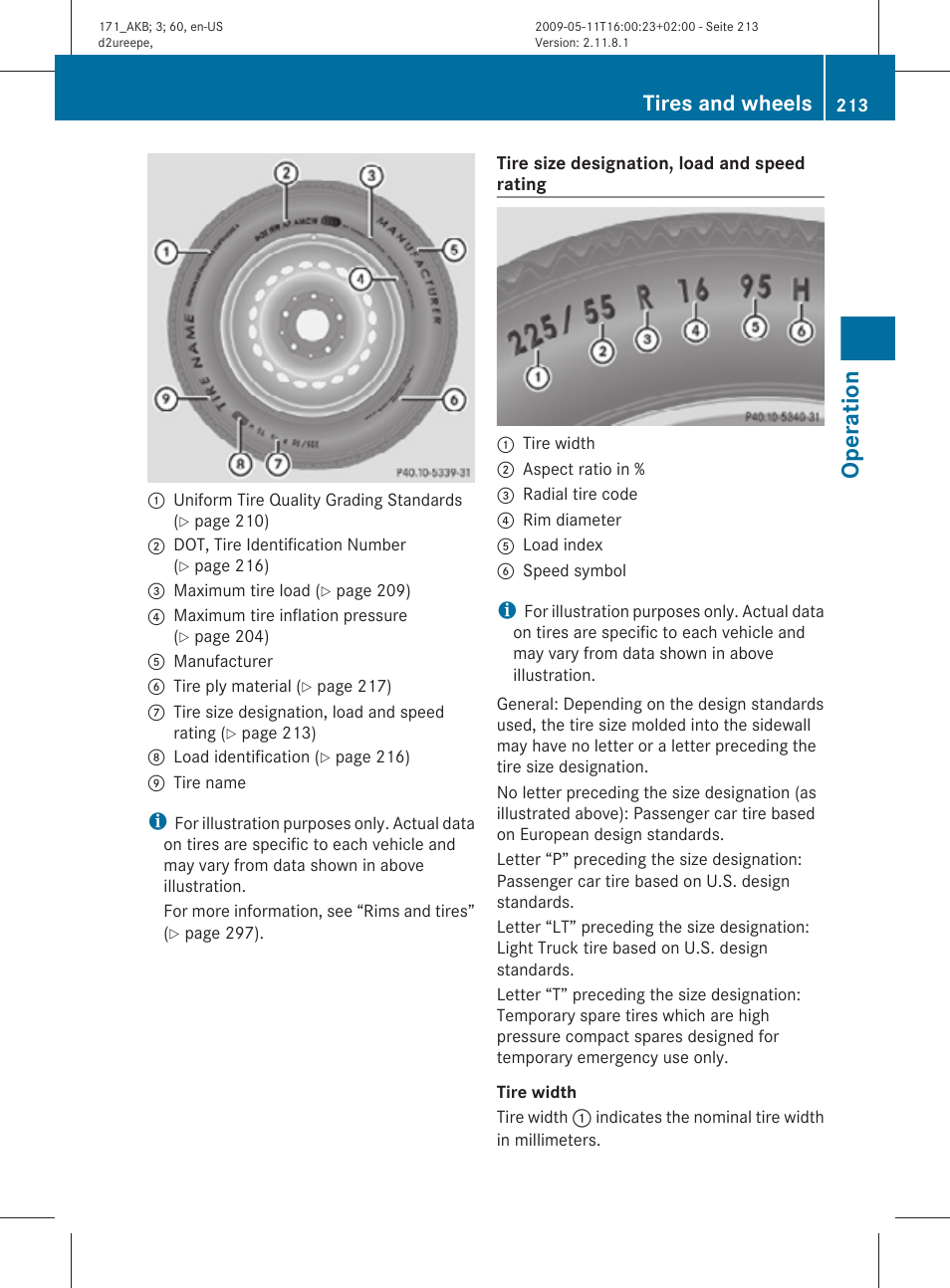 Specified on the tire sidewall, Operation, Tires and wheels | Mercedes-Benz SLK-Class 2011 Owners Manual User Manual | Page 215 / 312