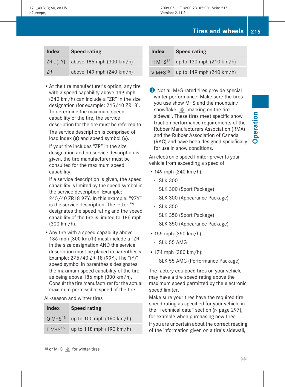 Operation, Tires and wheels | Mercedes-Benz SLK-Class 2011 Owners Manual User Manual | Page 217 / 312