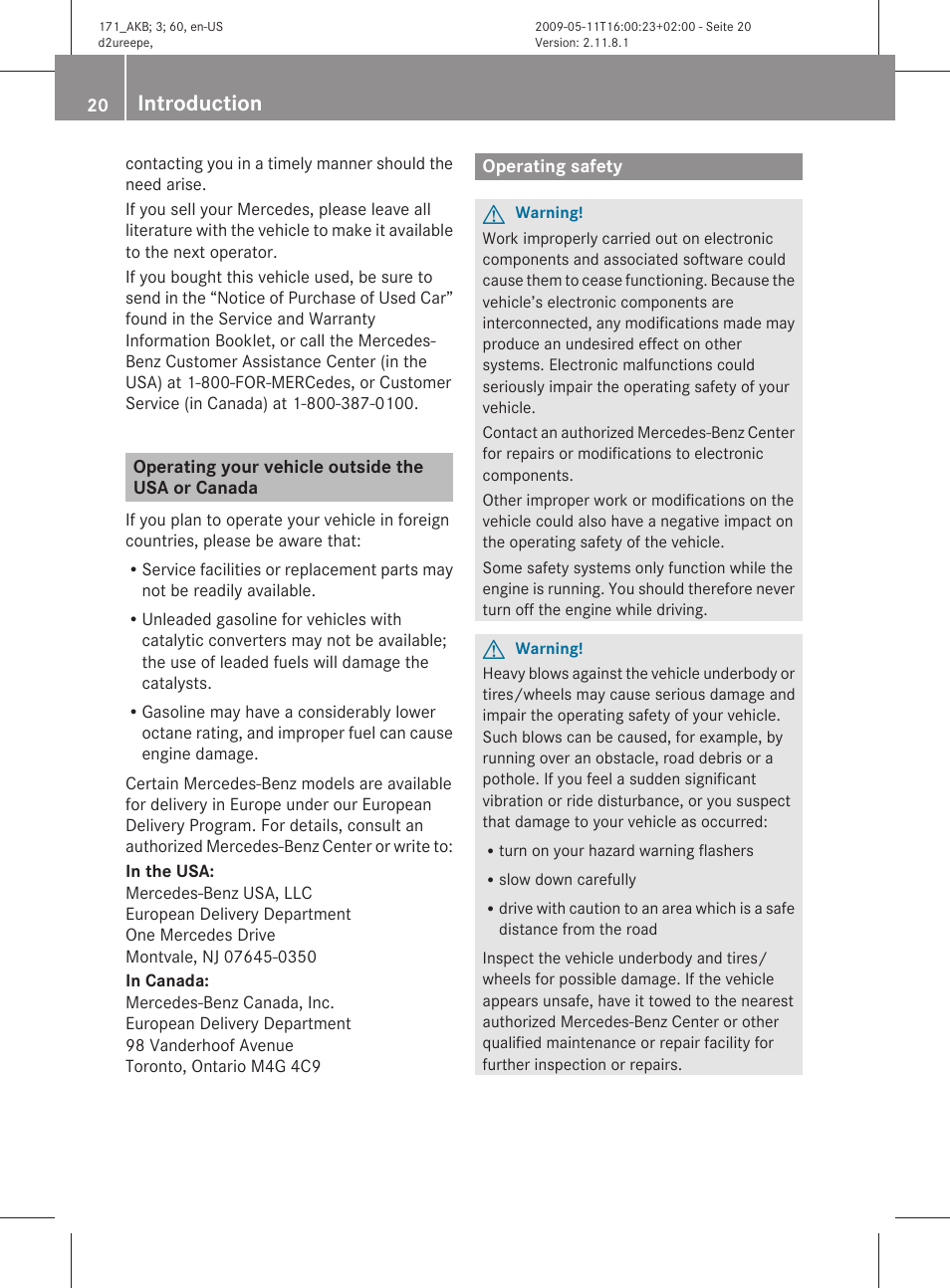 Operating your vehicle outside the usa or canada, Operating safety, Introduction | Mercedes-Benz SLK-Class 2011 Owners Manual User Manual | Page 22 / 312