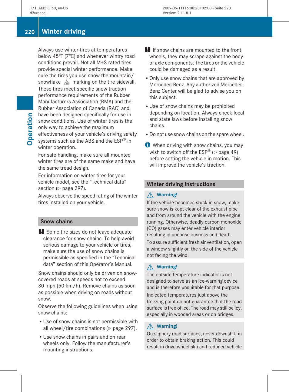 Snow chains, Winter driving instructions, Operation | Winter driving | Mercedes-Benz SLK-Class 2011 Owners Manual User Manual | Page 222 / 312