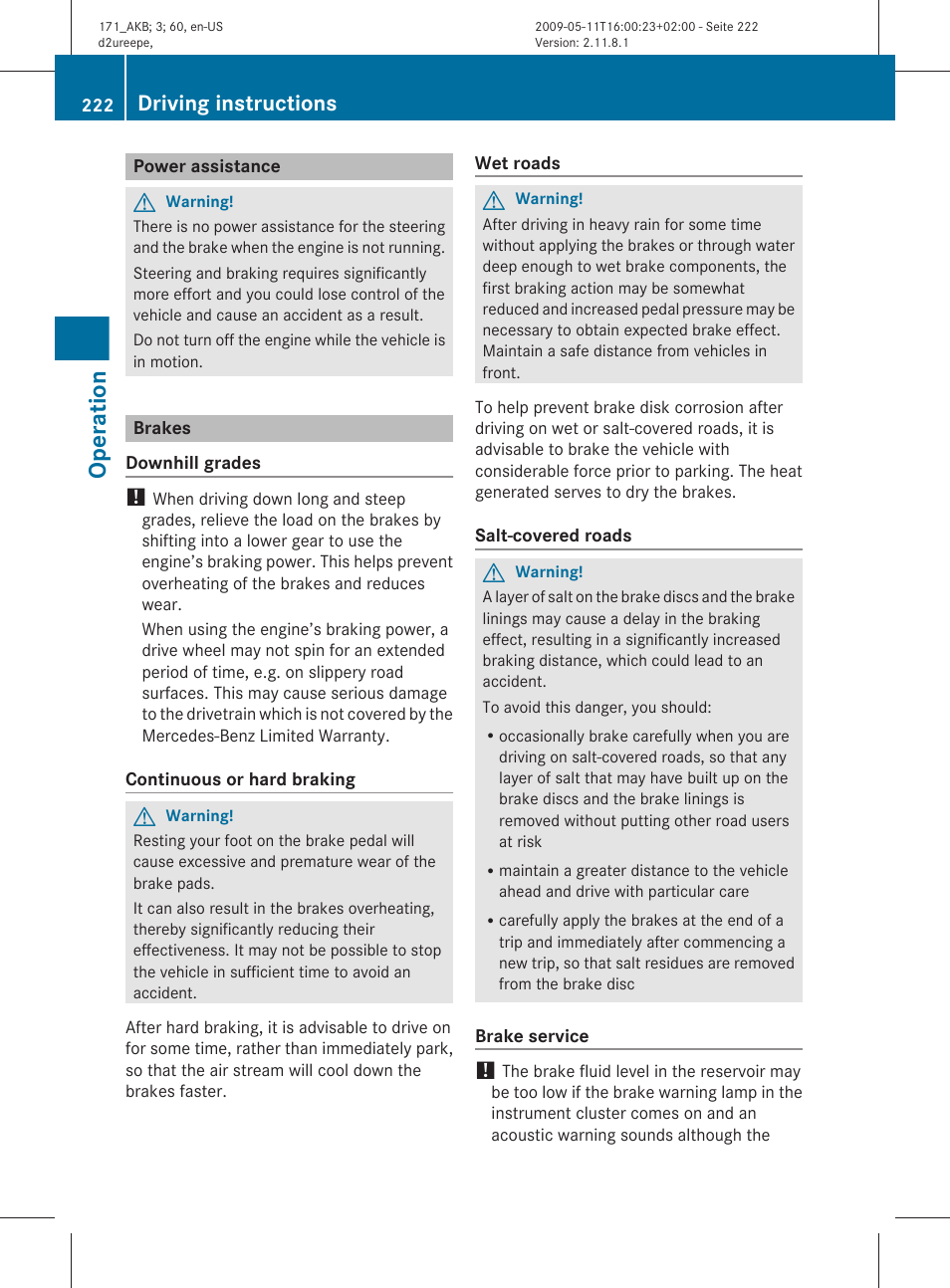 Power assistance, Brakes, Operation | Driving instructions | Mercedes-Benz SLK-Class 2011 Owners Manual User Manual | Page 224 / 312