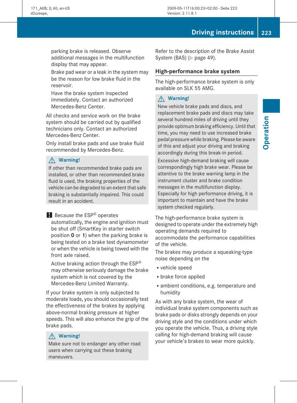 Operation, Driving instructions | Mercedes-Benz SLK-Class 2011 Owners Manual User Manual | Page 225 / 312