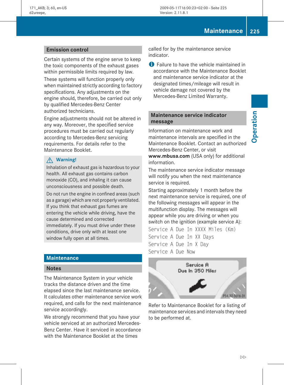 Emission control, Maintenance, Notes | Maintenance service indicator message, Operation | Mercedes-Benz SLK-Class 2011 Owners Manual User Manual | Page 227 / 312