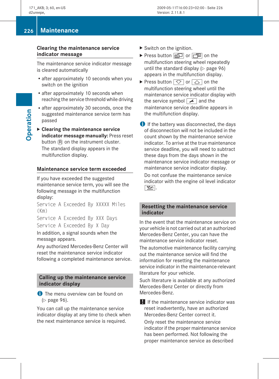 Resetting the maintenance service indicator, Operation, Maintenance | Mercedes-Benz SLK-Class 2011 Owners Manual User Manual | Page 228 / 312