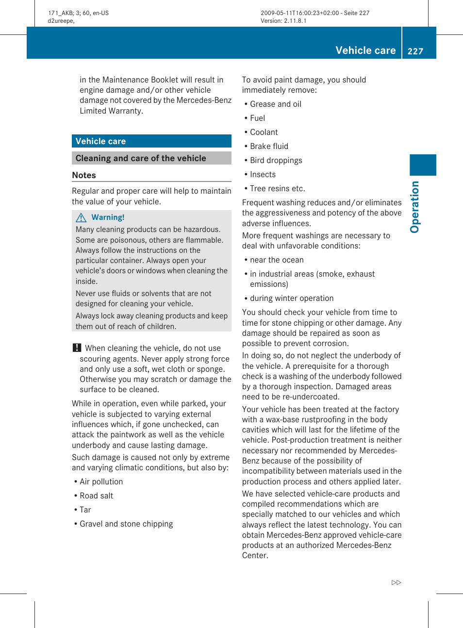 Vehicle care, Cleaning and care of the vehicle, Operation | Mercedes-Benz SLK-Class 2011 Owners Manual User Manual | Page 229 / 312