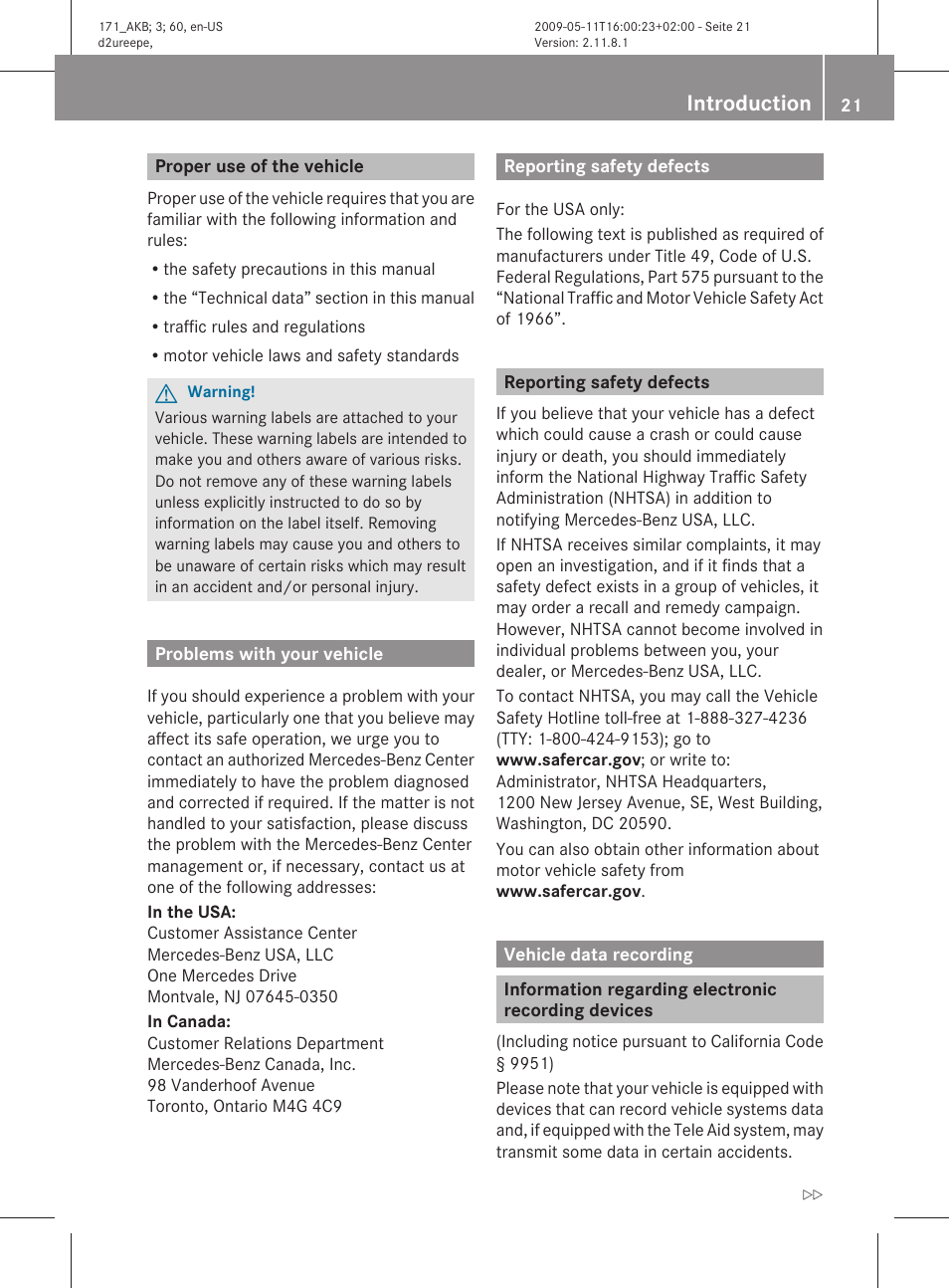 Proper use of the vehicle, Problems with your vehicle, Reporting safety defects | Vehicle data recording, Information regarding electronic recording devices, Introduction | Mercedes-Benz SLK-Class 2011 Owners Manual User Manual | Page 23 / 312