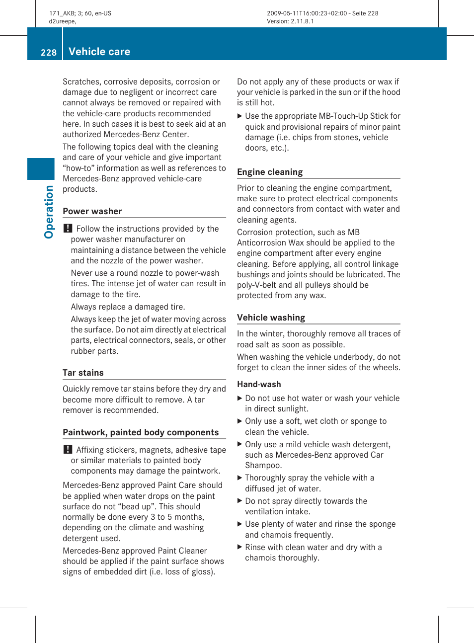 Operation, Vehicle care | Mercedes-Benz SLK-Class 2011 Owners Manual User Manual | Page 230 / 312