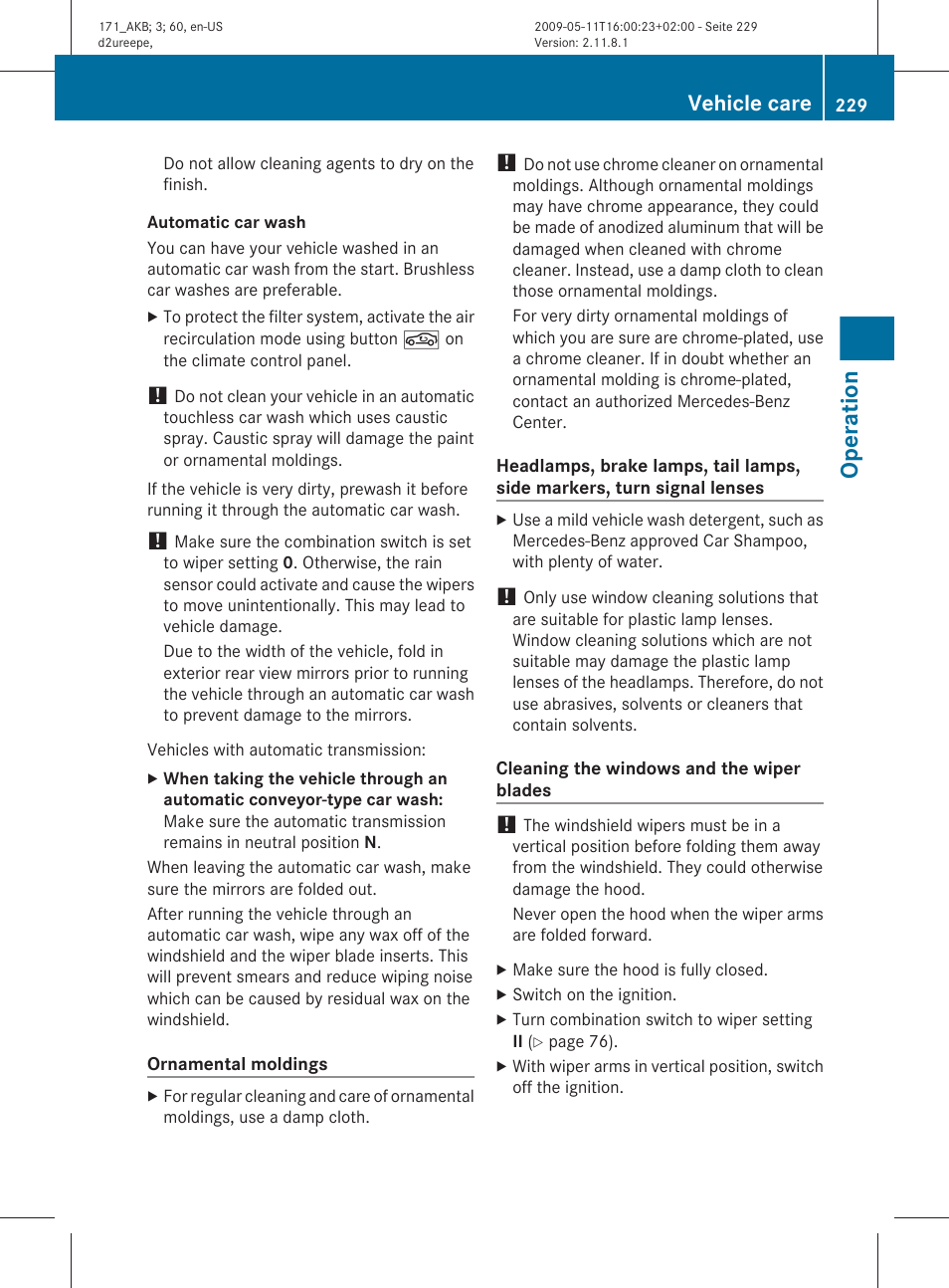 Operation, Vehicle care | Mercedes-Benz SLK-Class 2011 Owners Manual User Manual | Page 231 / 312