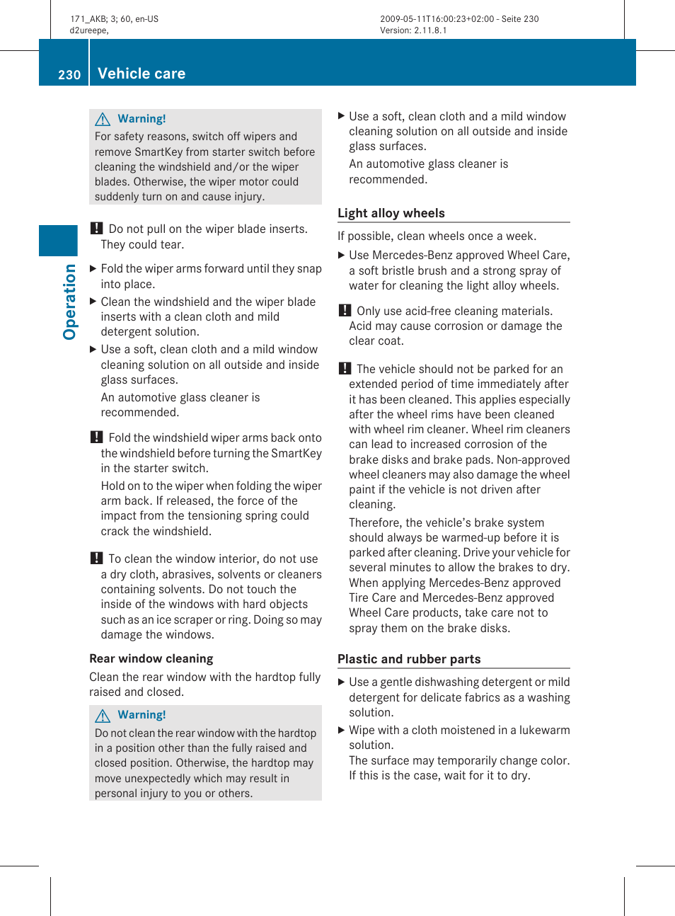 Operation, Vehicle care | Mercedes-Benz SLK-Class 2011 Owners Manual User Manual | Page 232 / 312