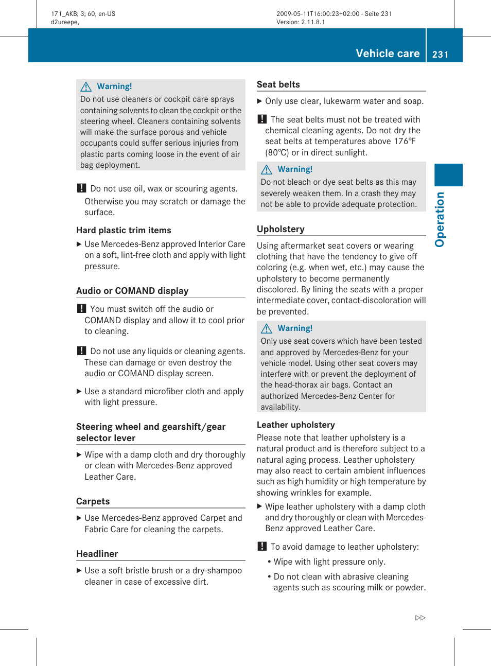 Comand display, Operation, Vehicle care | Mercedes-Benz SLK-Class 2011 Owners Manual User Manual | Page 233 / 312