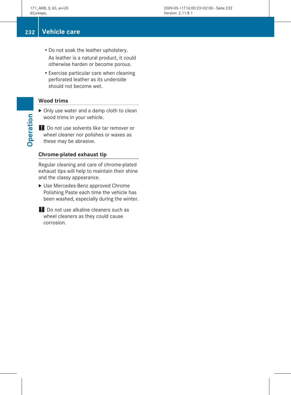 Operation, Vehicle care | Mercedes-Benz SLK-Class 2011 Owners Manual User Manual | Page 234 / 312