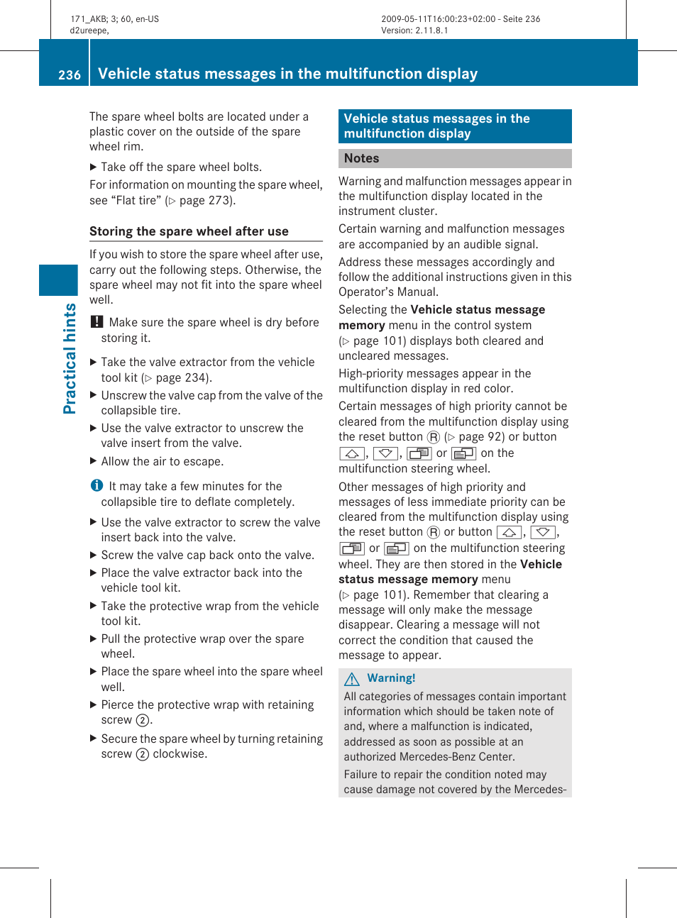 Notes, Multifunction display, Practical hints | Mercedes-Benz SLK-Class 2011 Owners Manual User Manual | Page 238 / 312