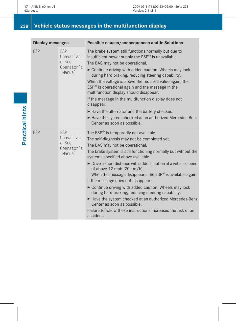 Practical hints | Mercedes-Benz SLK-Class 2011 Owners Manual User Manual | Page 240 / 312