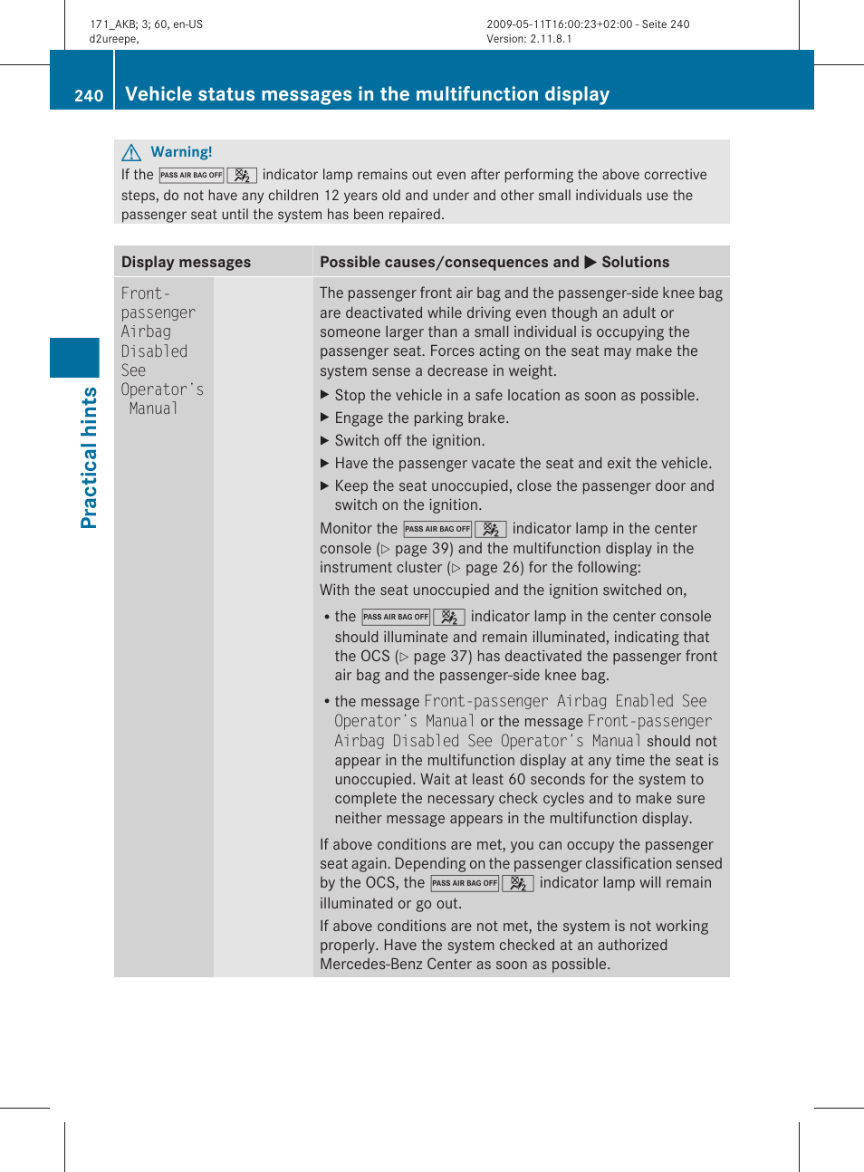 Practical hints | Mercedes-Benz SLK-Class 2011 Owners Manual User Manual | Page 242 / 312