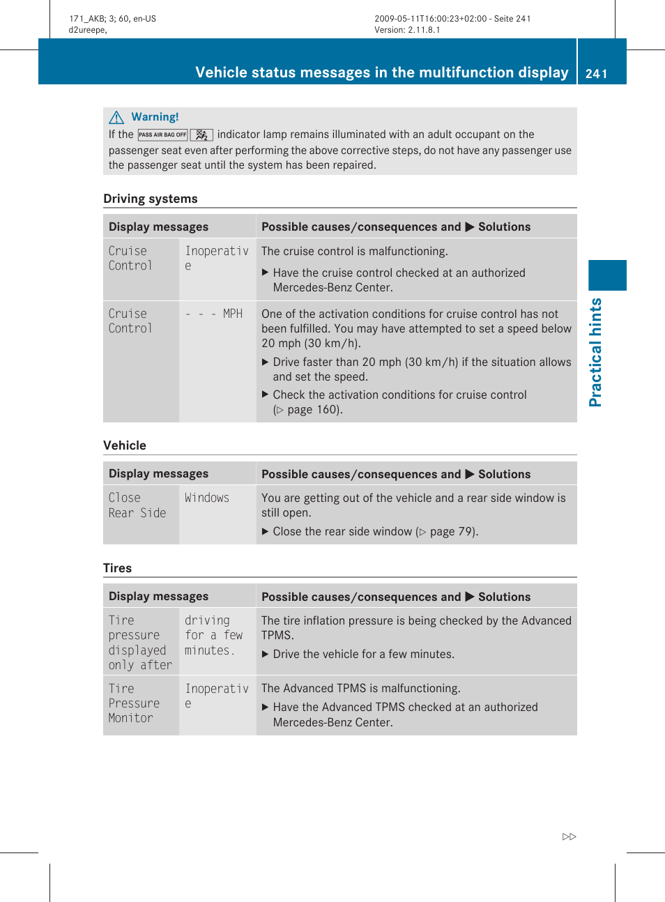 Advanced tpms , 255, Practical hints | Mercedes-Benz SLK-Class 2011 Owners Manual User Manual | Page 243 / 312