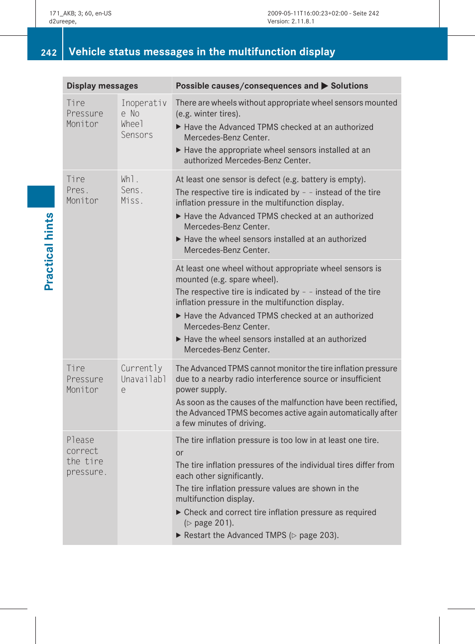 Practical hints | Mercedes-Benz SLK-Class 2011 Owners Manual User Manual | Page 244 / 312