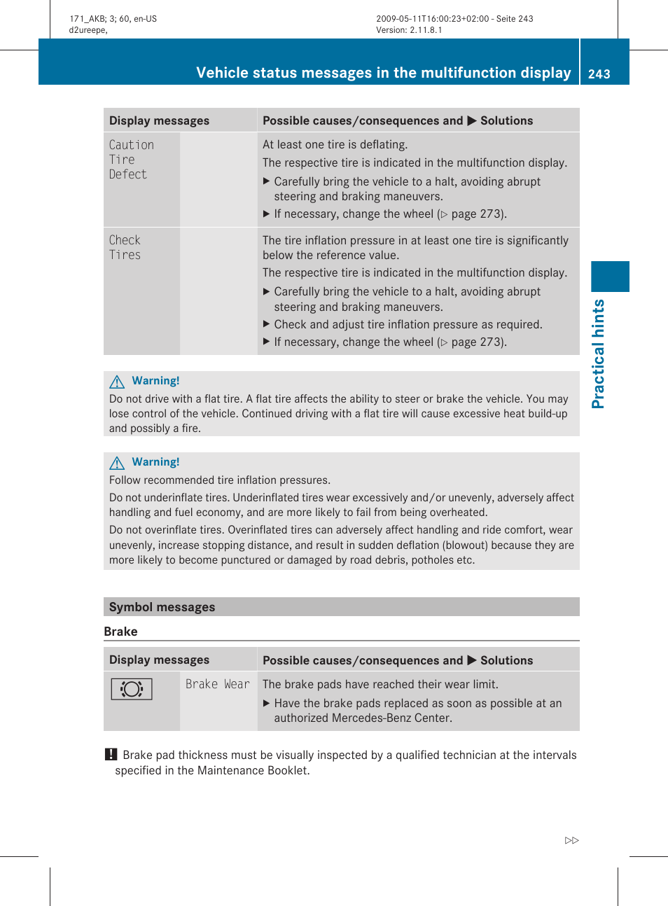 Symbol messages, Practical hints | Mercedes-Benz SLK-Class 2011 Owners Manual User Manual | Page 245 / 312