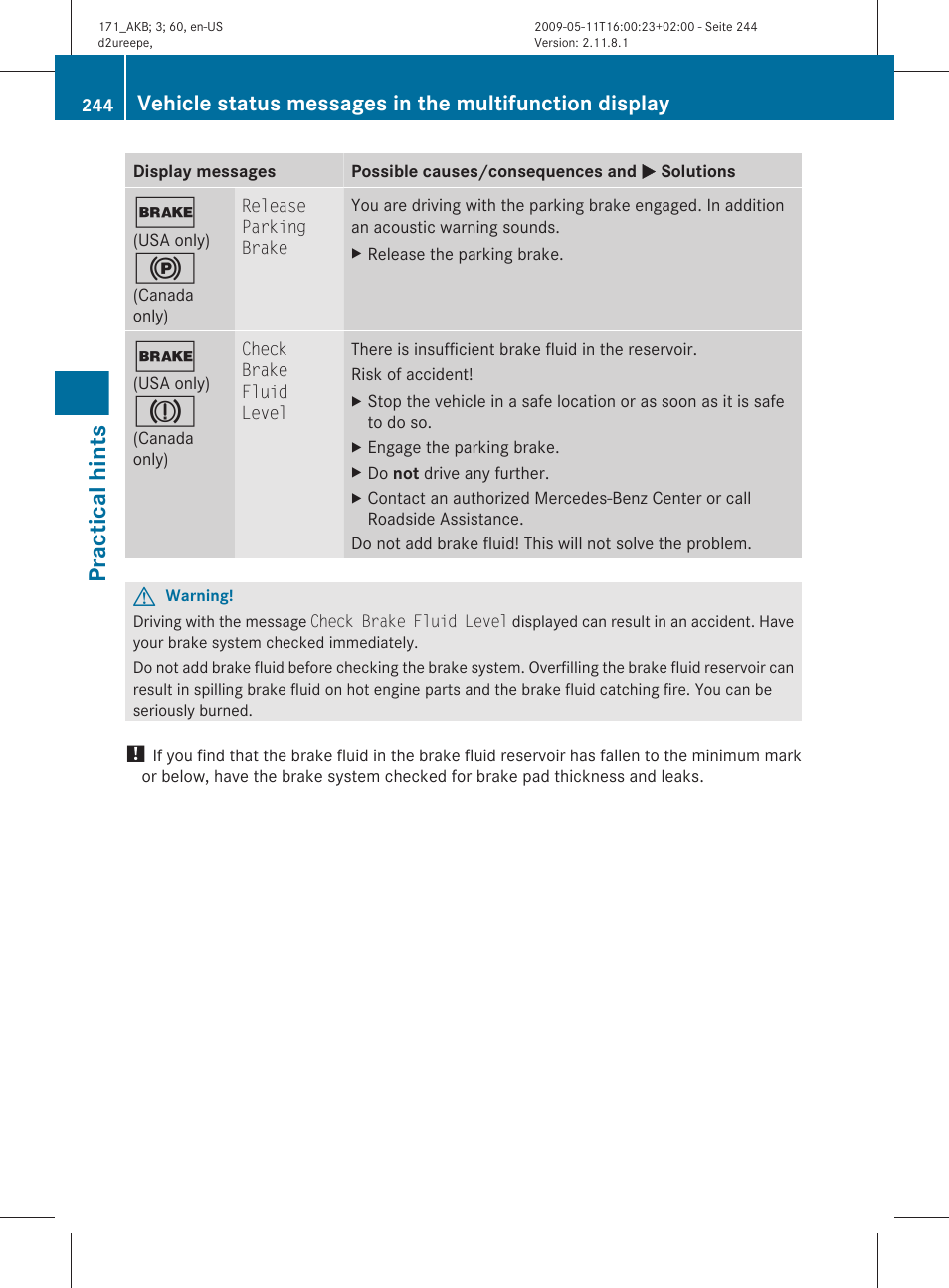 Practical hints | Mercedes-Benz SLK-Class 2011 Owners Manual User Manual | Page 246 / 312