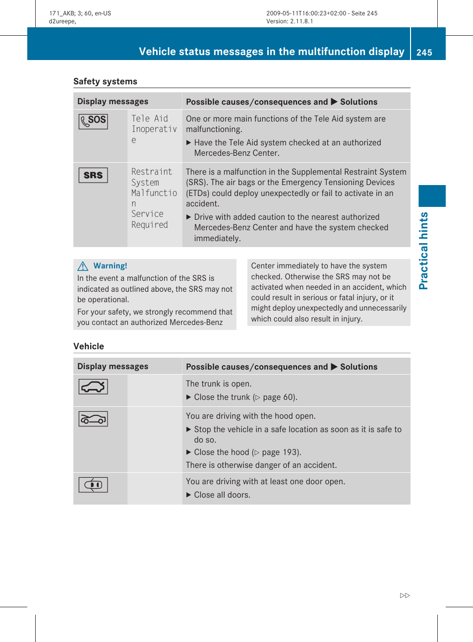 Practical hints | Mercedes-Benz SLK-Class 2011 Owners Manual User Manual | Page 247 / 312