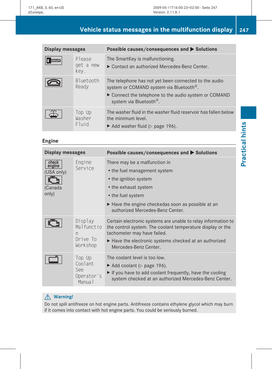 Practical hints | Mercedes-Benz SLK-Class 2011 Owners Manual User Manual | Page 249 / 312