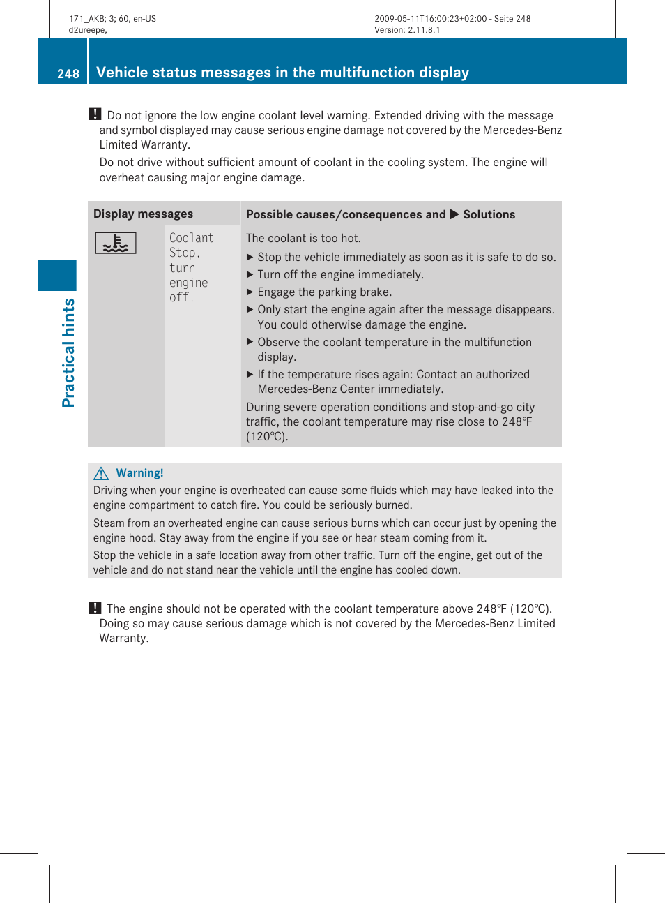 Practical hints | Mercedes-Benz SLK-Class 2011 Owners Manual User Manual | Page 250 / 312