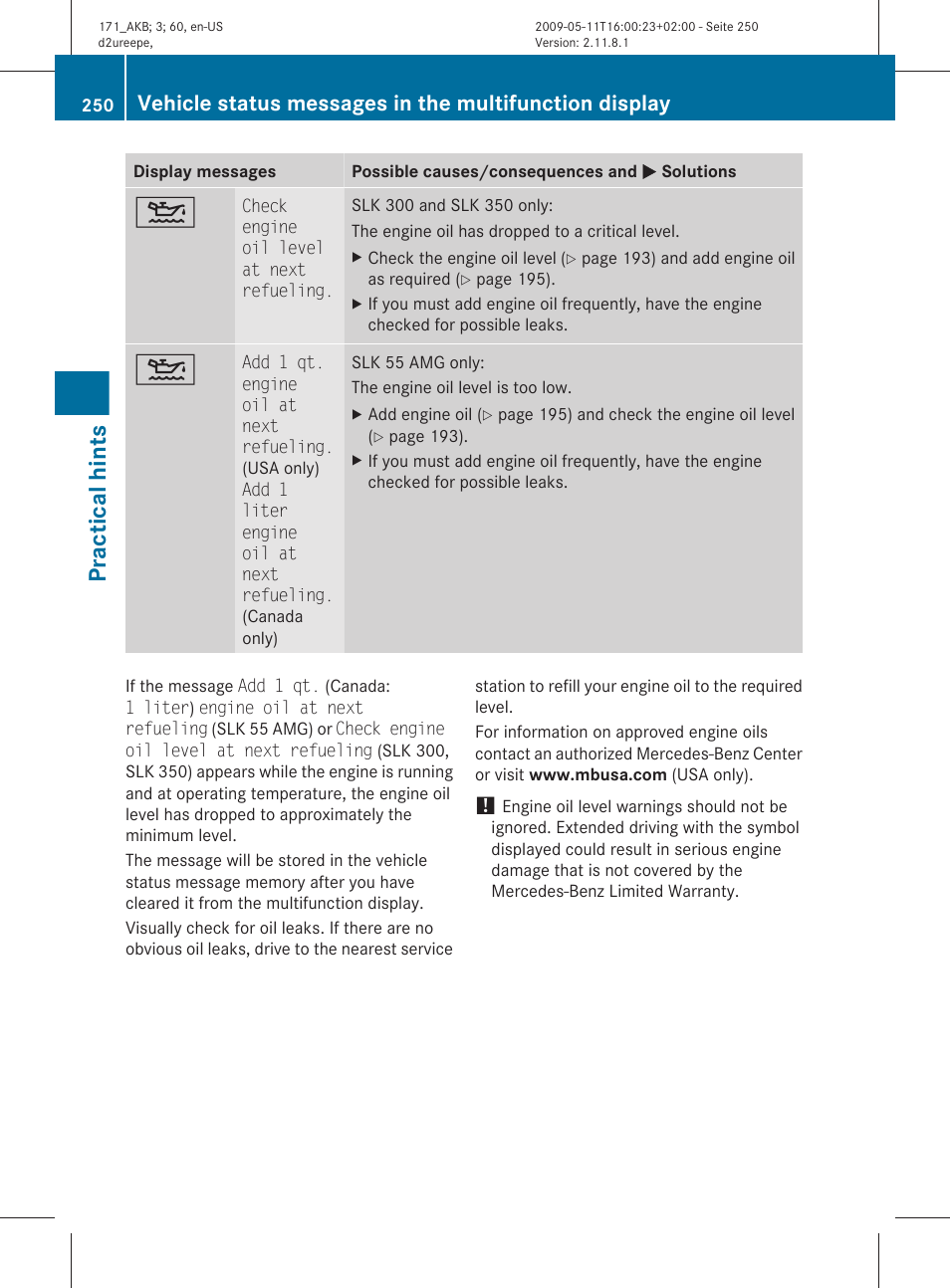 Practical hints | Mercedes-Benz SLK-Class 2011 Owners Manual User Manual | Page 252 / 312