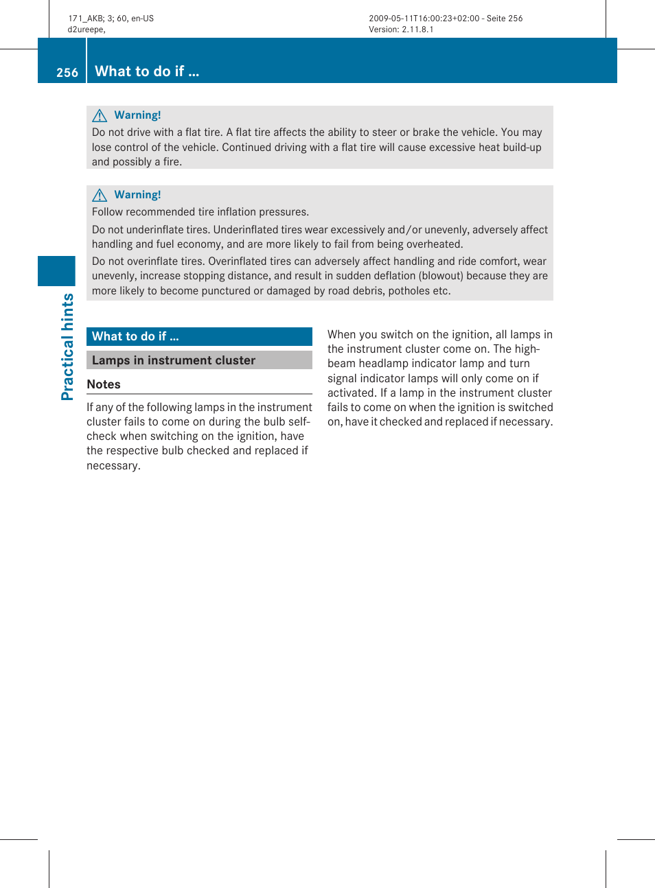 What to do if, Lamps in instrument cluster, Practical hints | Mercedes-Benz SLK-Class 2011 Owners Manual User Manual | Page 258 / 312