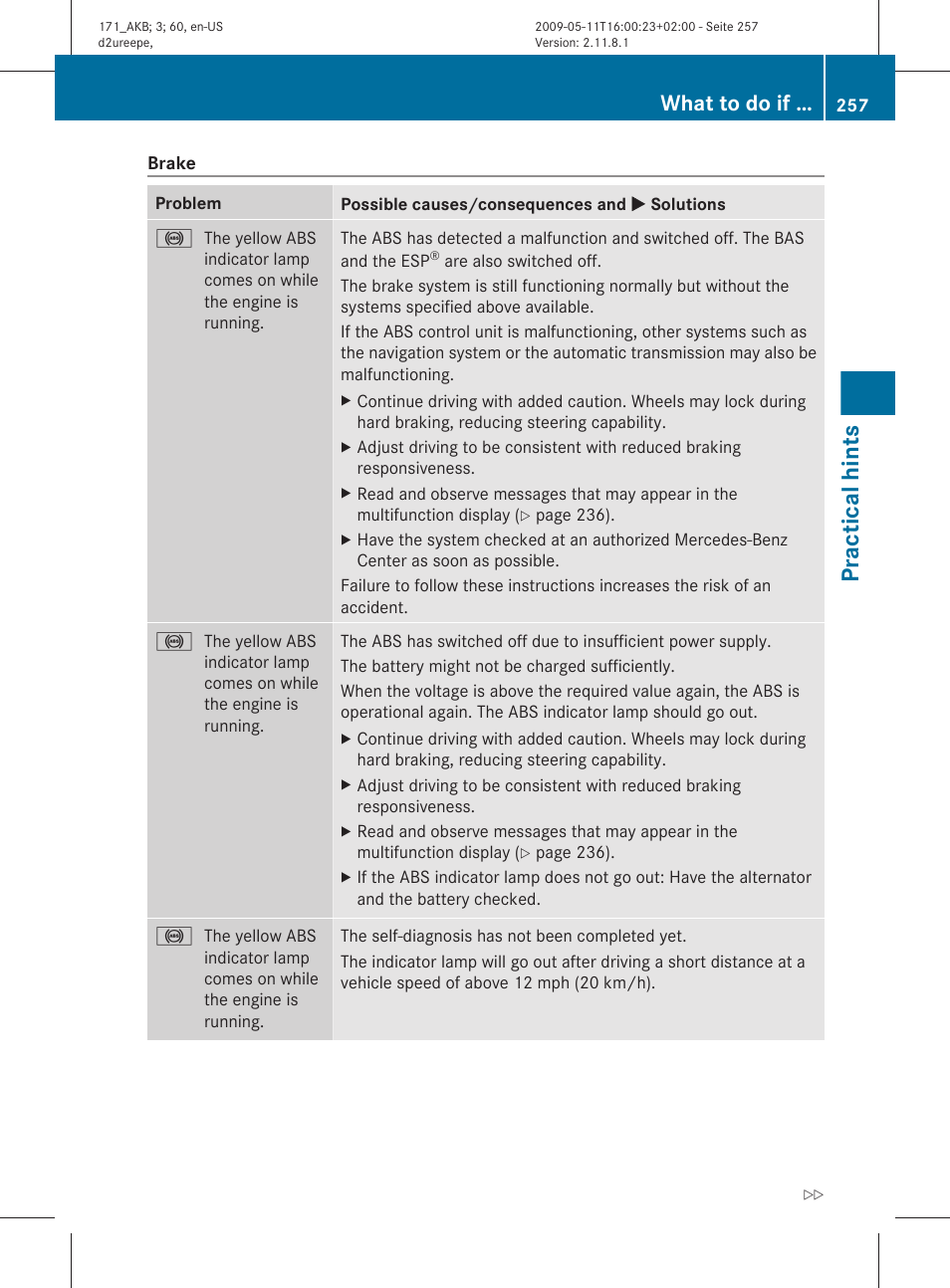 Practical hints, What to do if | Mercedes-Benz SLK-Class 2011 Owners Manual User Manual | Page 259 / 312