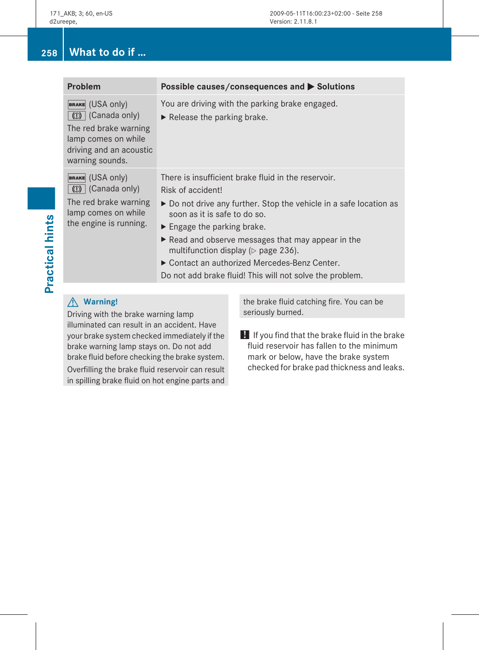 Practical hints, What to do if | Mercedes-Benz SLK-Class 2011 Owners Manual User Manual | Page 260 / 312