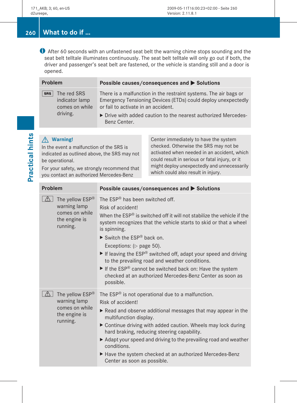 Practical hints, What to do if | Mercedes-Benz SLK-Class 2011 Owners Manual User Manual | Page 262 / 312