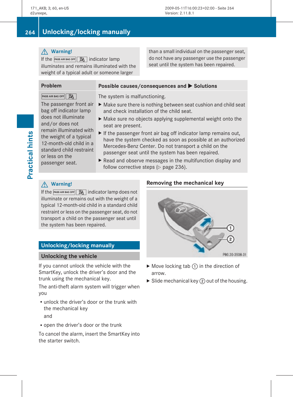 Unlocking/locking manually, Unlocking the vehicle, Driver’s door and the trunk | Smartkey, Practical hints | Mercedes-Benz SLK-Class 2011 Owners Manual User Manual | Page 266 / 312