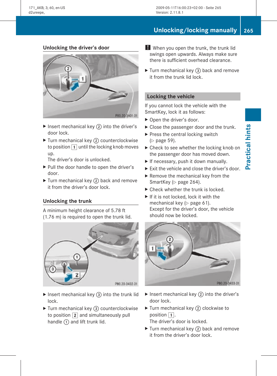 Locking the vehicle, Practical hints, Unlocking/locking manually | Mercedes-Benz SLK-Class 2011 Owners Manual User Manual | Page 267 / 312