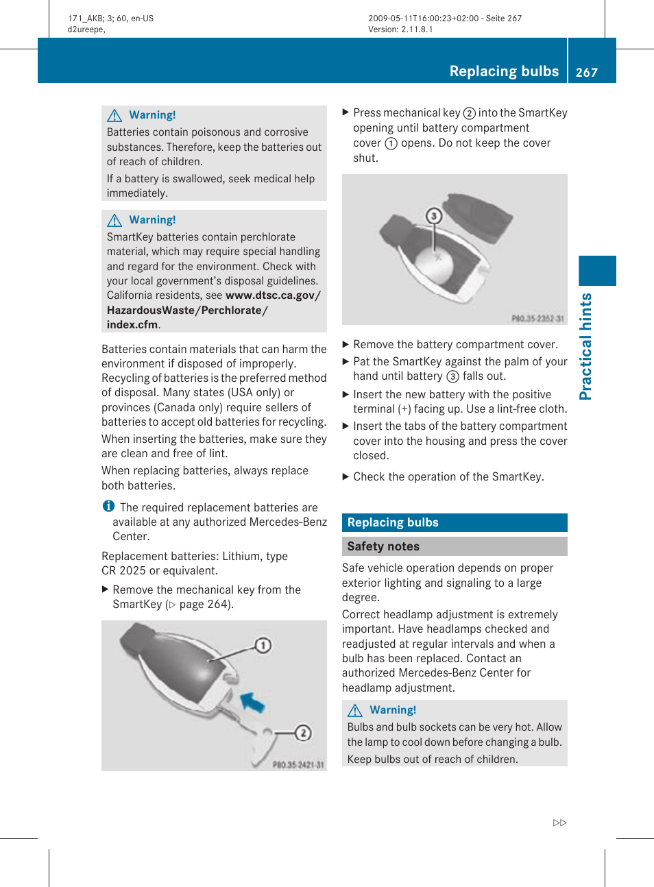 Replacing bulbs, Safety notes, Vehicle lighting | Replace the bulb as soon as possible, Practical hints | Mercedes-Benz SLK-Class 2011 Owners Manual User Manual | Page 269 / 312