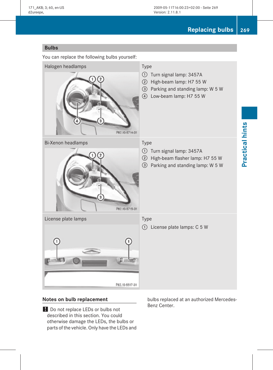 Bulbs, Practical hints, Replacing bulbs | Mercedes-Benz SLK-Class 2011 Owners Manual User Manual | Page 271 / 312