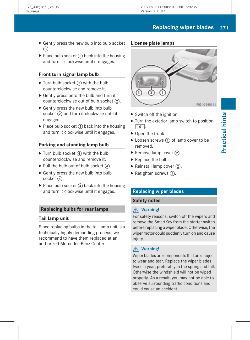 Replacing bulbs for rear lamps, Replacing wiper blades, Safety notes | Practical hints | Mercedes-Benz SLK-Class 2011 Owners Manual User Manual | Page 273 / 312