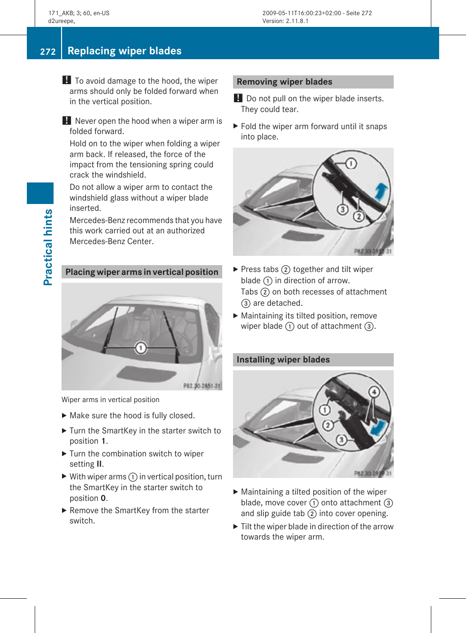 Placing wiper arms in vertical position, Removing wiper blades, Installing wiper blades | Practical hints, Replacing wiper blades | Mercedes-Benz SLK-Class 2011 Owners Manual User Manual | Page 274 / 312