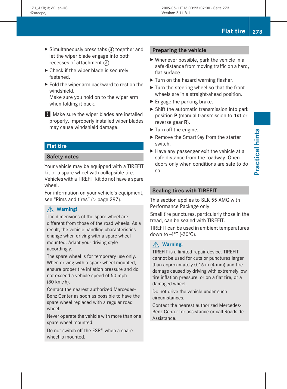 Flat tire, Safety notes, Preparing the vehicle | Sealing tires with tirefit, Tire, See “flat tire, If necessary, change the wheel, Practical hints | Mercedes-Benz SLK-Class 2011 Owners Manual User Manual | Page 275 / 312