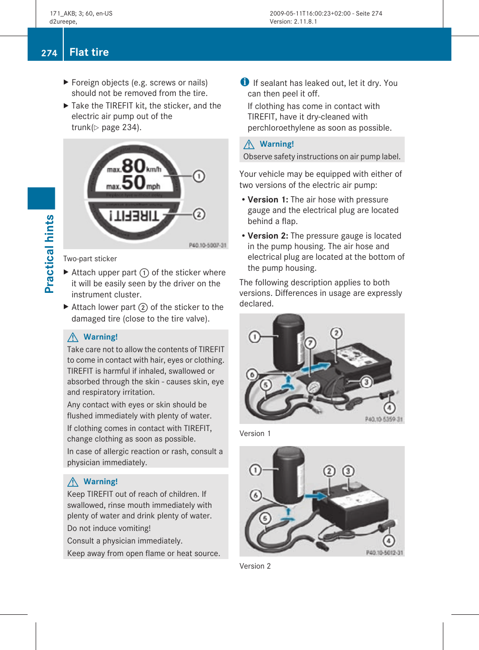 Practical hints, Flat tire | Mercedes-Benz SLK-Class 2011 Owners Manual User Manual | Page 276 / 312