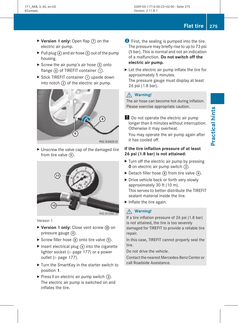 Practical hints, Flat tire | Mercedes-Benz SLK-Class 2011 Owners Manual User Manual | Page 277 / 312